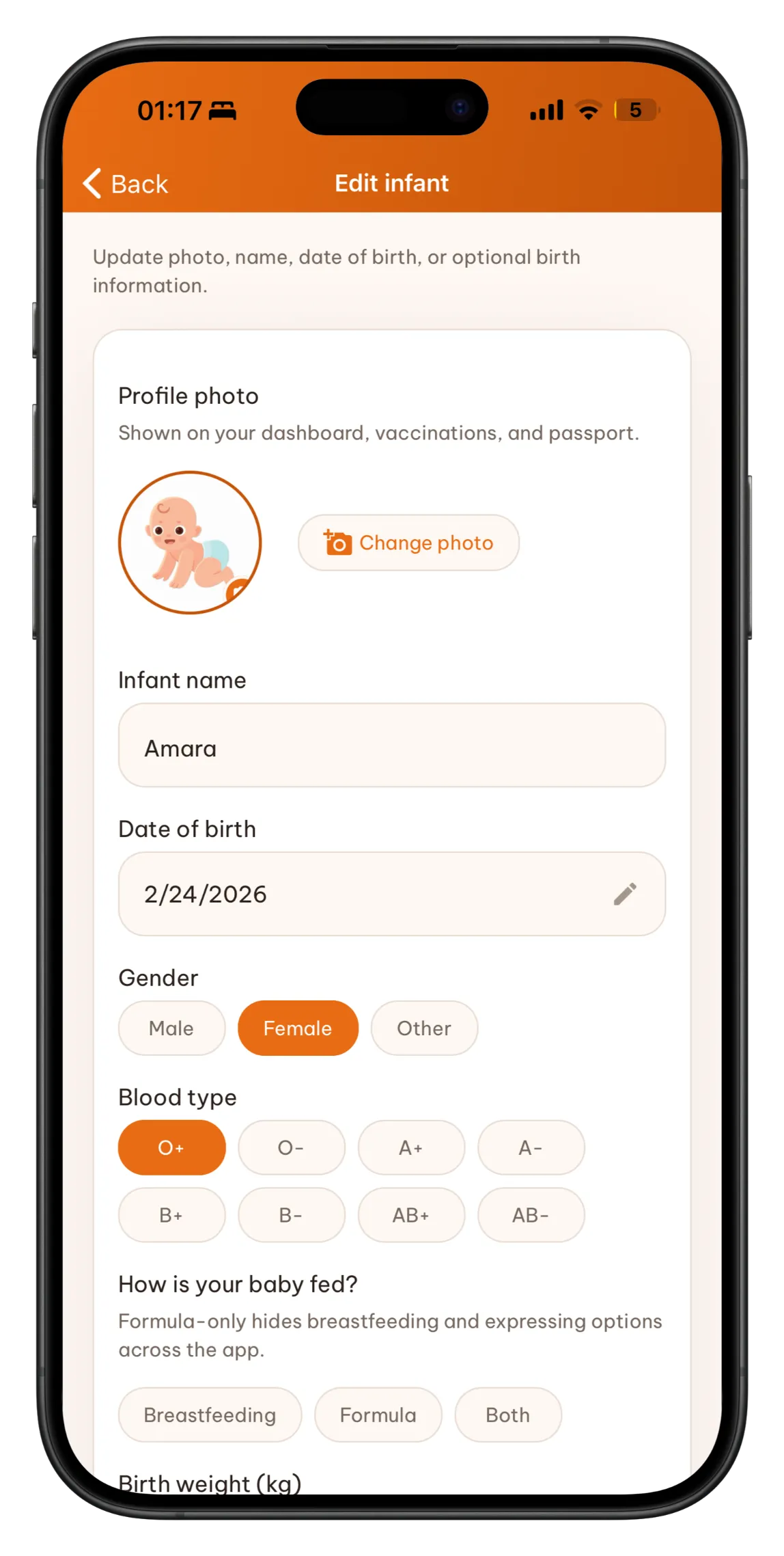 Edit infant profile details