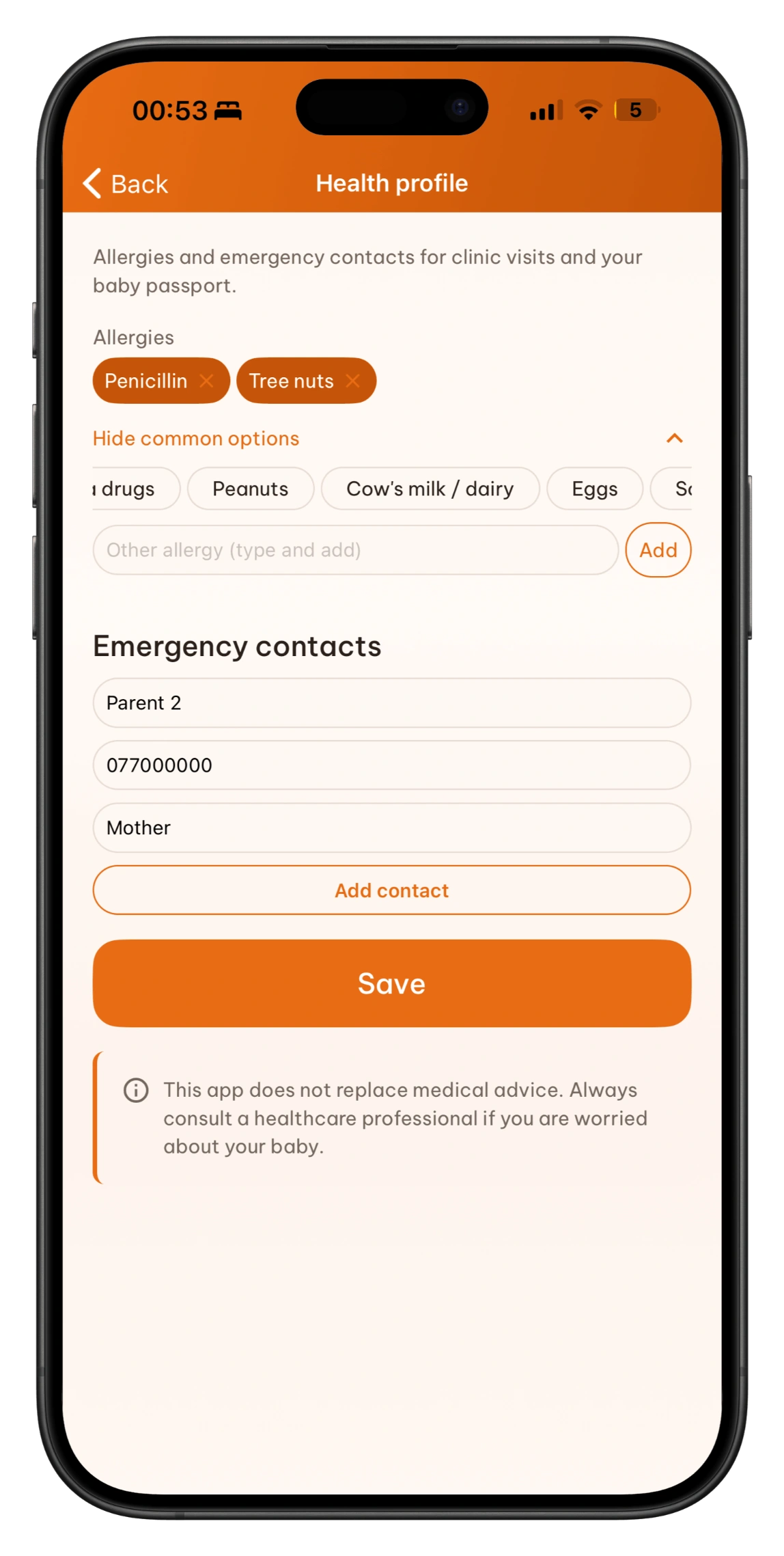 Health profile with allergies, medications, and emergency contacts