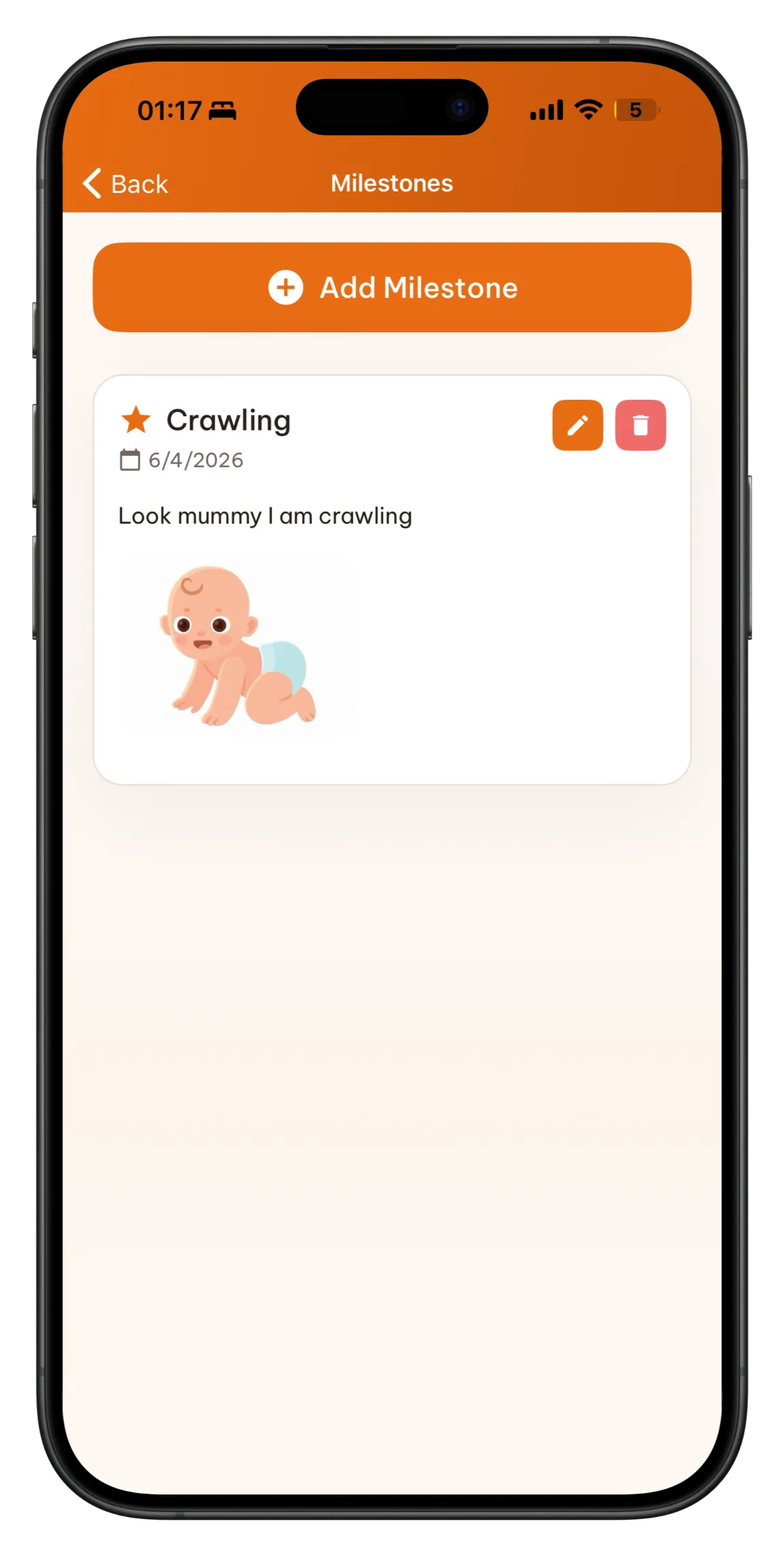 Milestones list with photos and notes