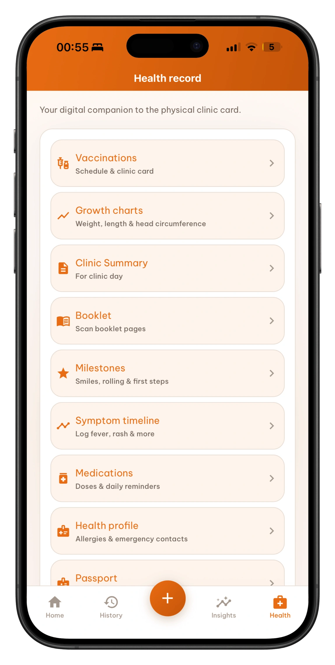 More menu with health, insights, and settings shortcuts