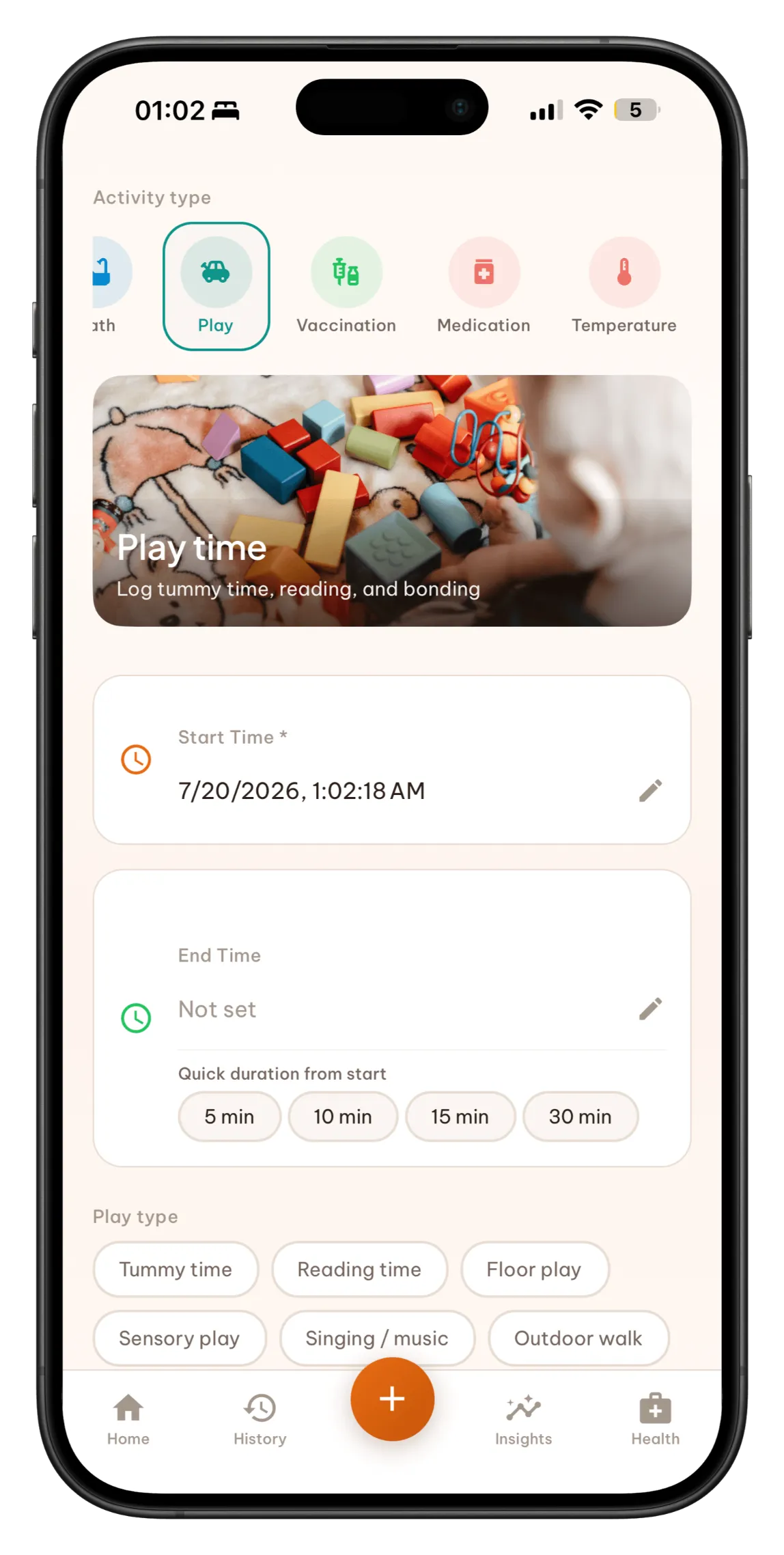Play time activity log