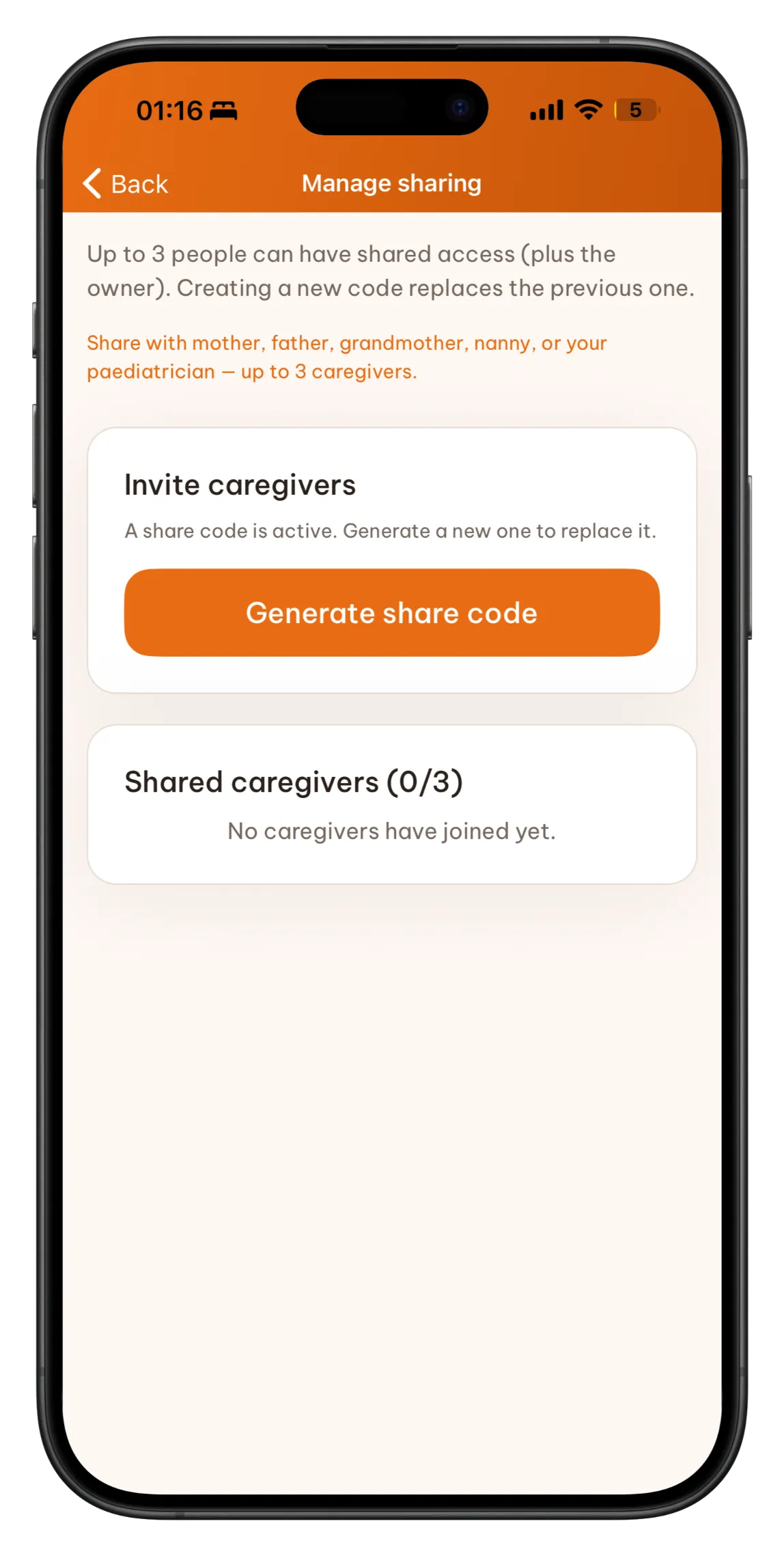 Invite caregivers with a share code