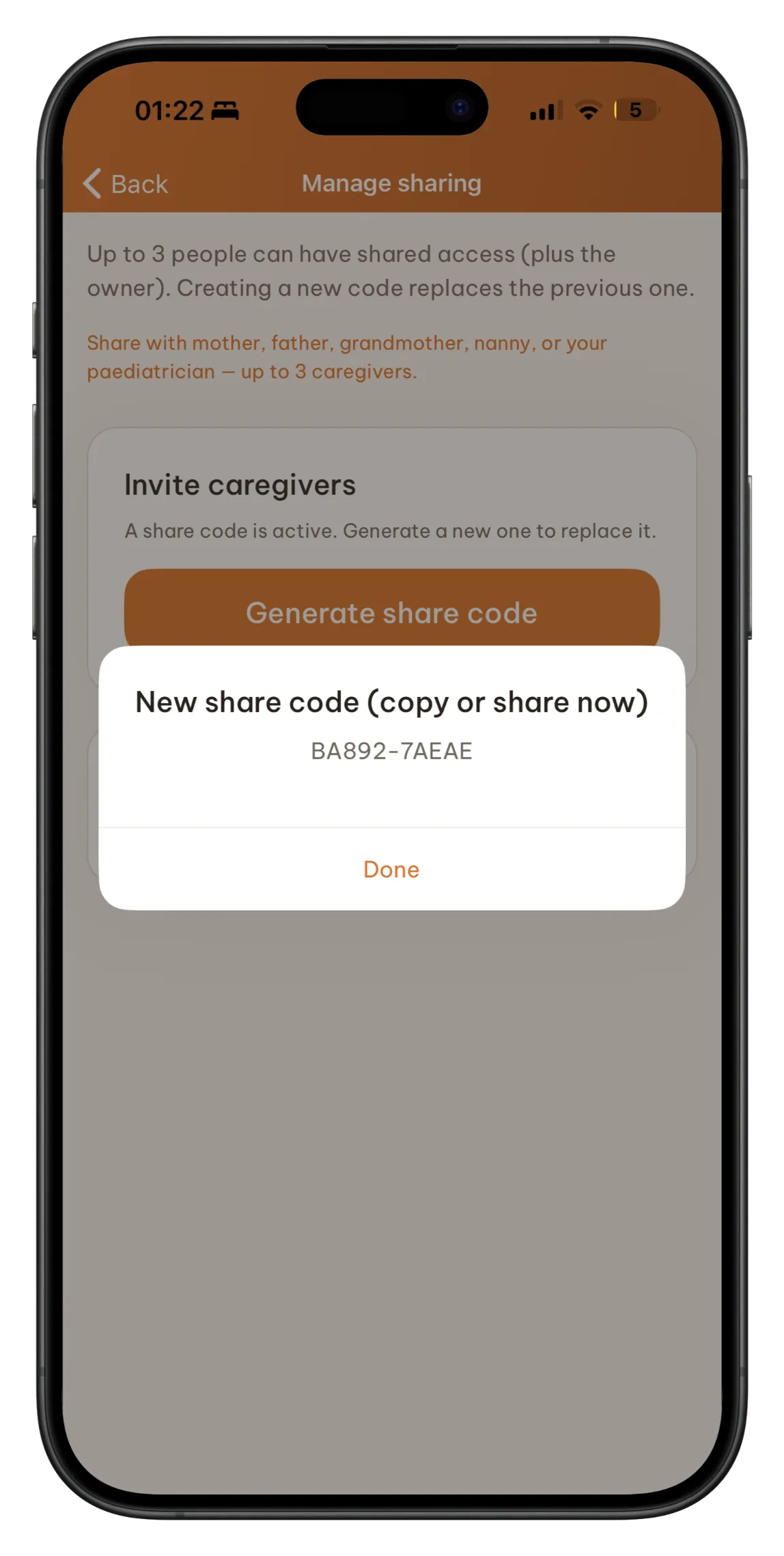 Generate and copy a caregiver share code