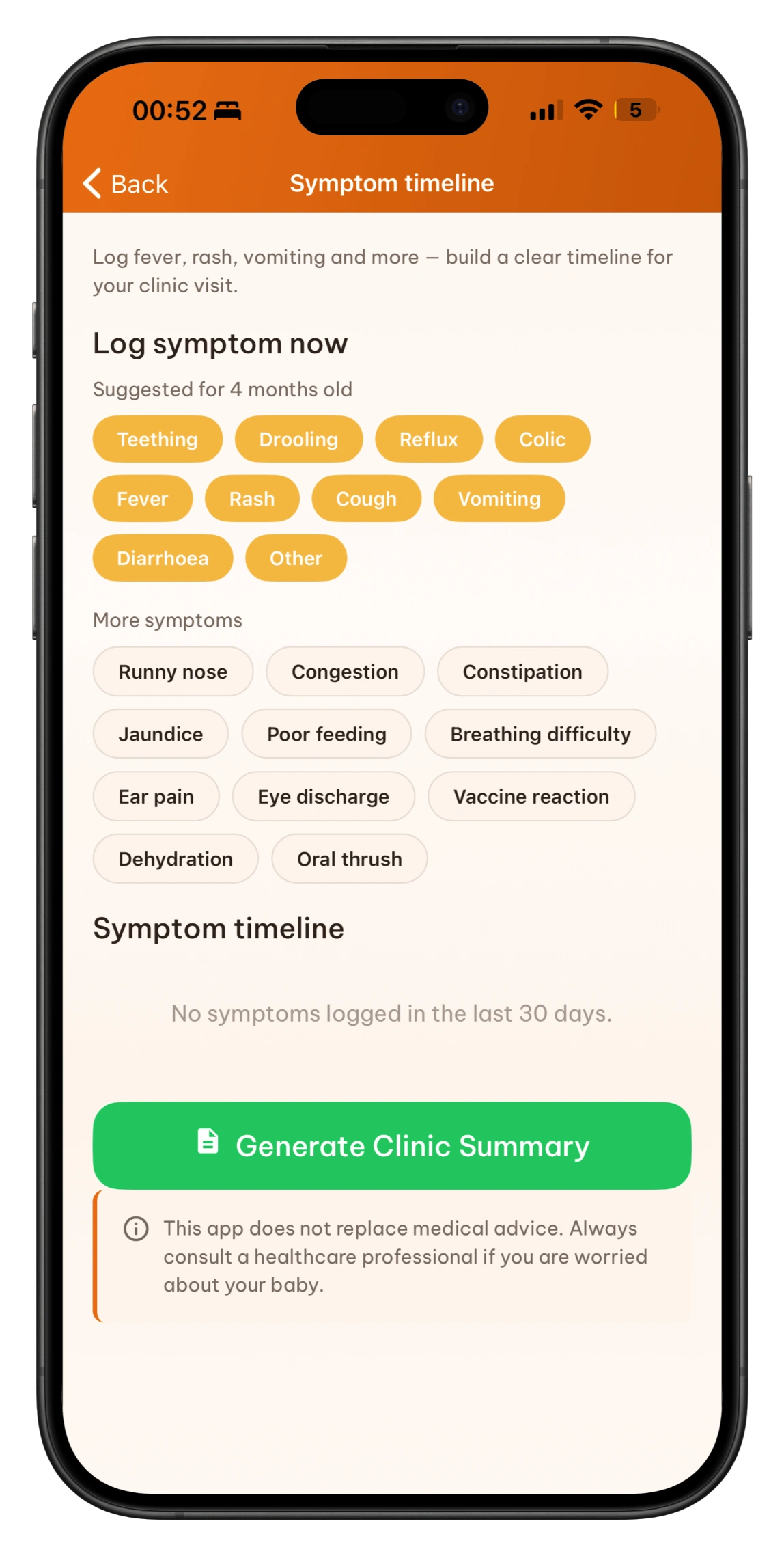 Symptom logging timeline