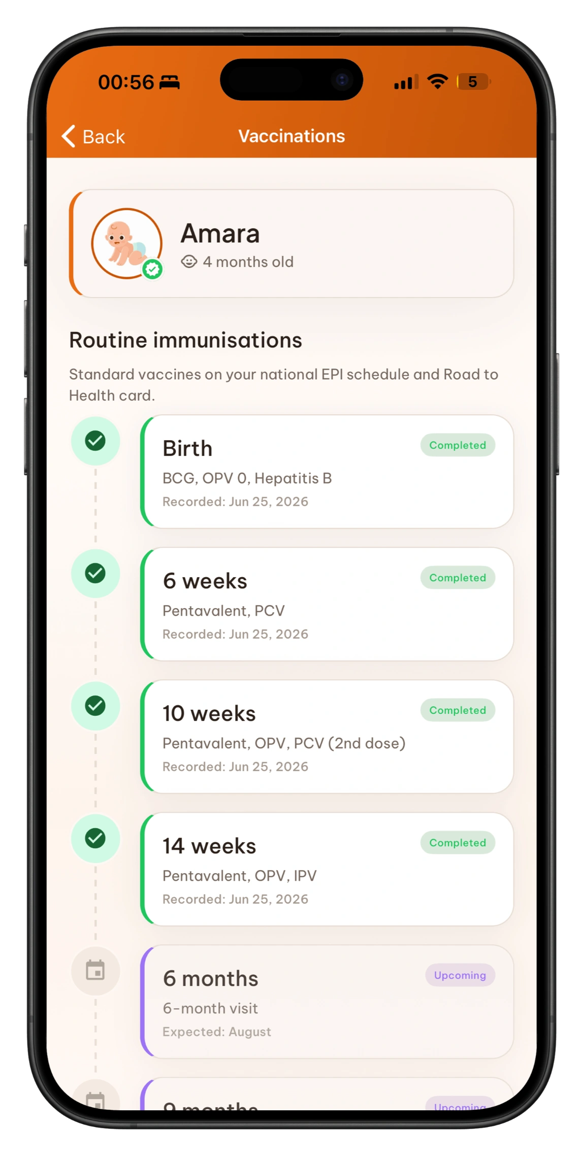 Vaccination schedule screen in the Little Steps Africa app